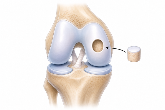 Illustratie van een knie waarin een beschadigd stuk bot en kraakbeen wordt vervangen door passend donorweefsel met gezond kraakbeen.