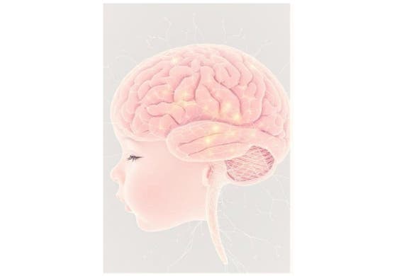 An animated image of a child's head with a visible brain. Around it are sparks of synapses.