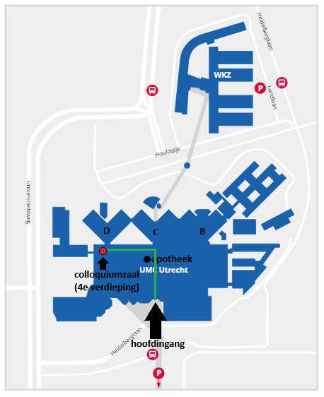 Plattegrond UMC Utrecht met route naar H04.102