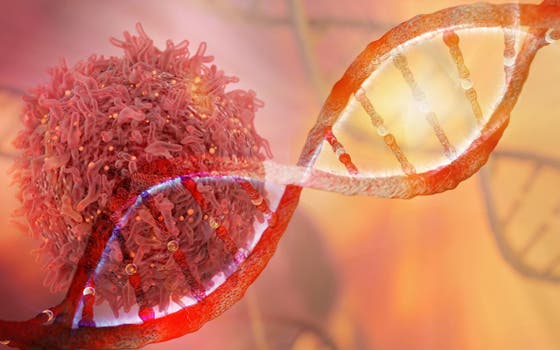 An enhanced microscopic image of a DNA strand and a cancer cell.