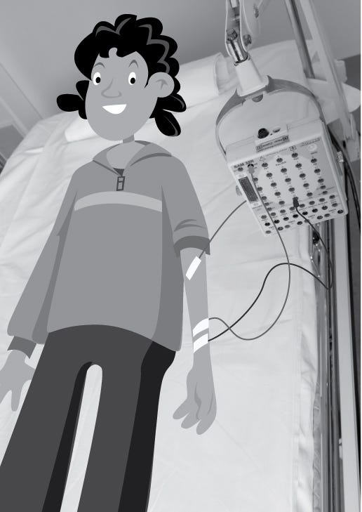 Illustratie van een kind op een ziekenhuisbed met plakkers op de arm, aangesloten aan een apparaat