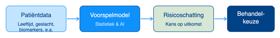 Voorspelmodel infographic: eerste stap is Patiëntdata (leeftijd, geslacht, biomarkers, e.a.), tweede stap is Voorspelmodel (statistiek en AI), derde stap is Risicoschatting (kans op uitkomst), laatste stap is Behandelkeuze.