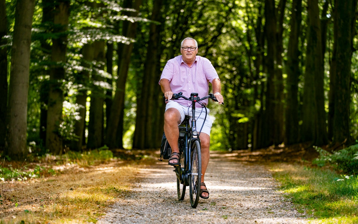 Een man (Henk-Bolt) op een fiets op een pad met bomen op de achtergrond
